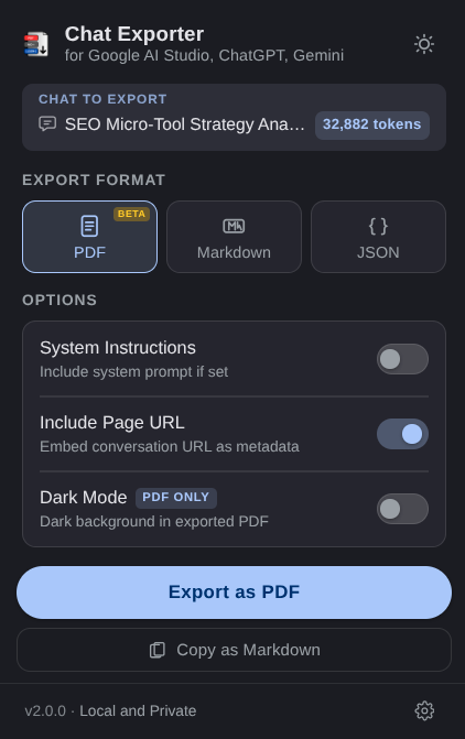 Chat Exporter extension popup showing PDF, Markdown, and JSON export options with dark mode toggle and progress bar